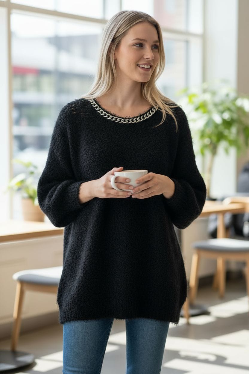 Woollen Designer Black Fur Long Top