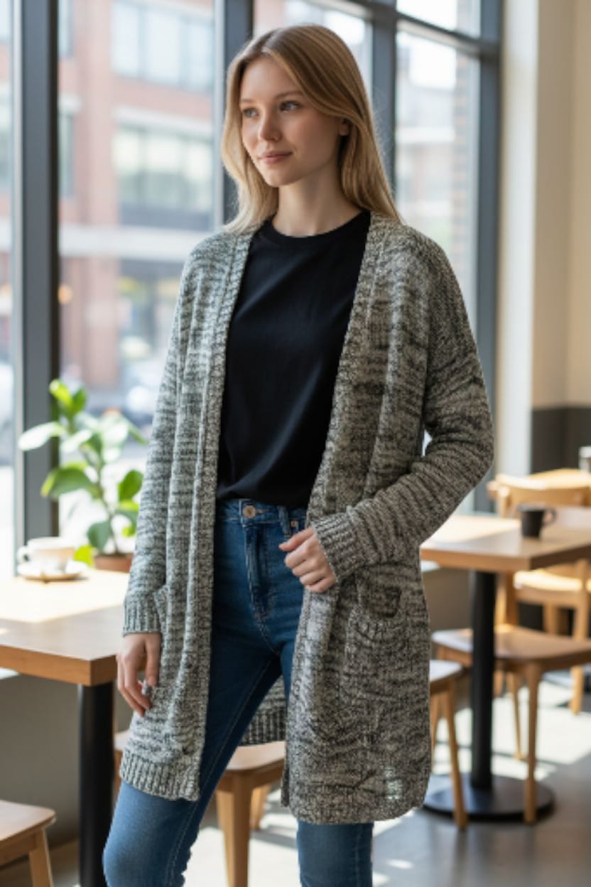 Black and White Long Woollen Shrug
